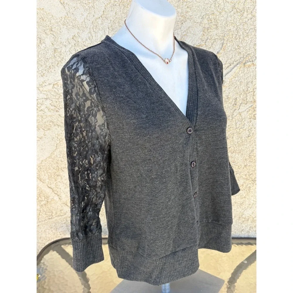 Y2K Tralilbee Gray Lace Sleeve Button Front Cardigan Sweater Large Womens #5 - Picture 3 of 5